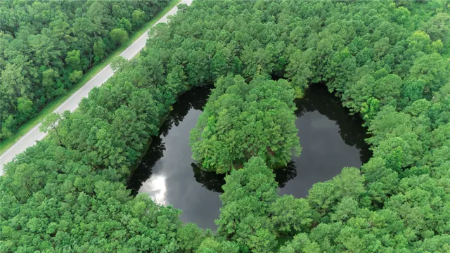 an aerial view of residential houses with outdoor space and trees all around
