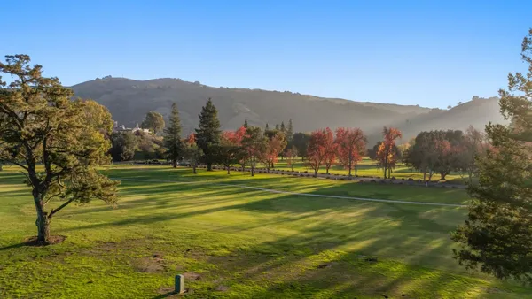 a view of a town with mountains in the background