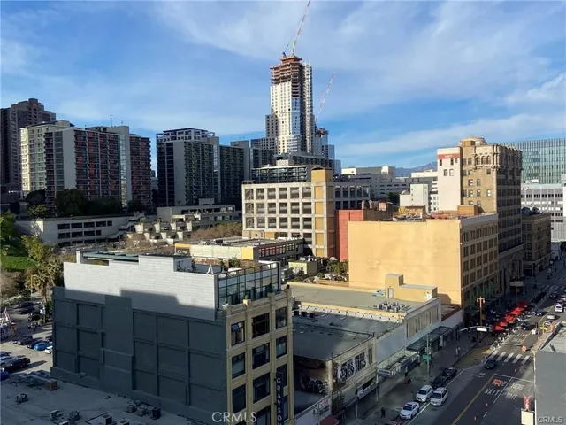 a city view with tall buildings