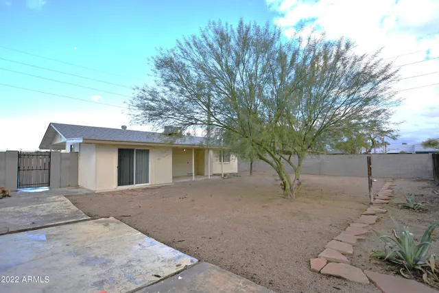 a view of a house with a backyard and a tree