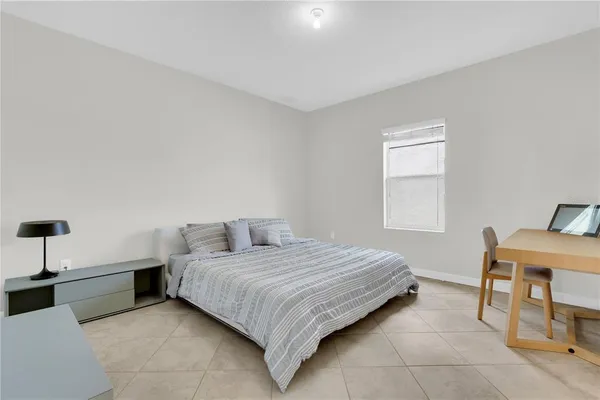 a bedroom with a bed and a table in it