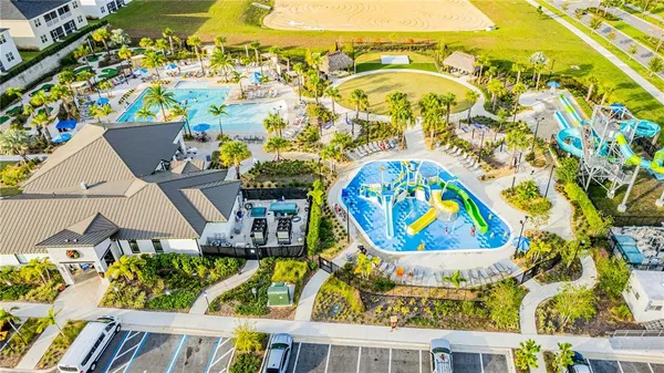 an aerial view of a swimming pool