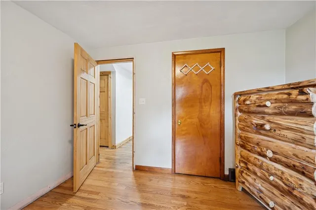 a view of a hallway with wooden floor and closet