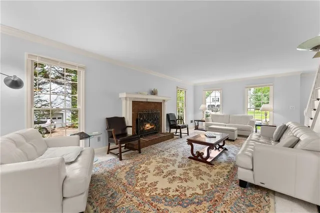 a living room with furniture window and a fireplace