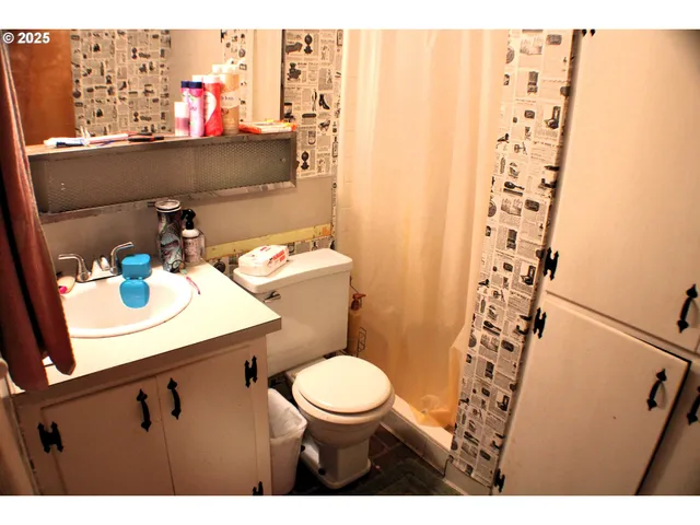 a bathroom with a sink a toilet and shower curtain