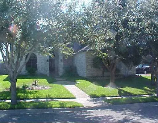 a small yard with large trees