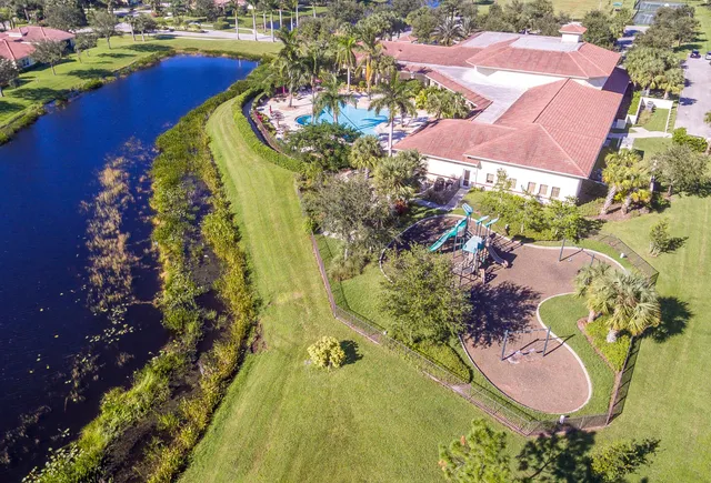 an aerial view of a swimming pool