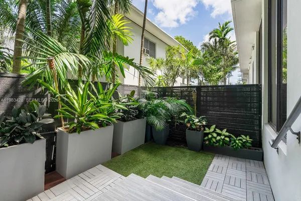 a view of a garden with a chair