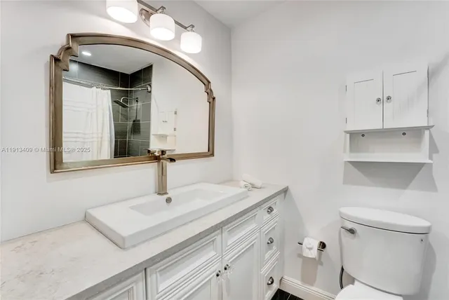 a bathroom with a sink a toilet and a mirror