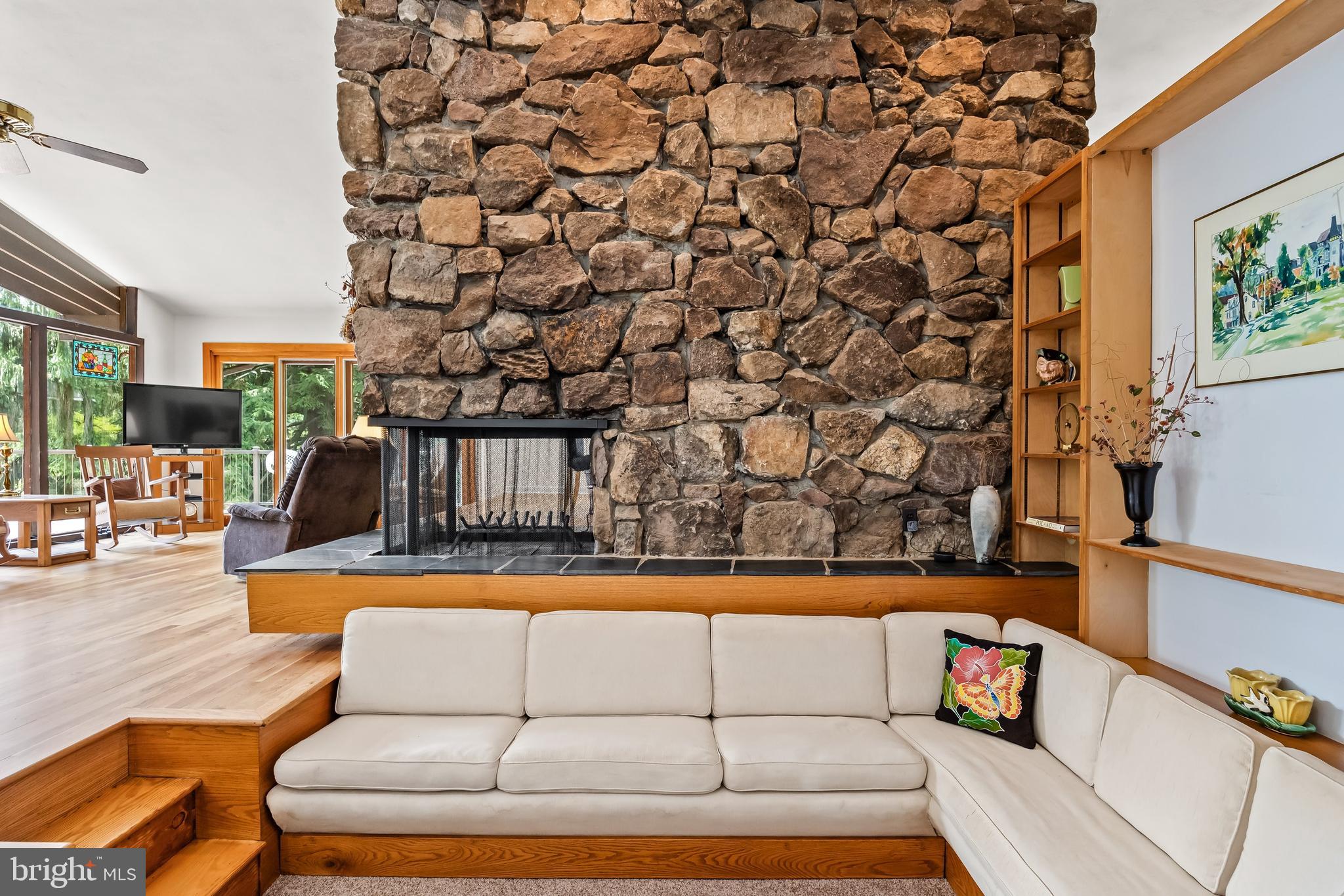 2 Mountain View Lane Phoenixville, PA 19460 - Photo 8 of 55 3-Sided Stone Fireplace and Conversation Pit