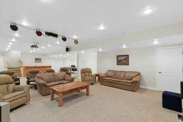 1133 Paris Canyon Road Paris, ID 83261 - Photo 33 of 74 Carpeted recreation room featuring extensive recessed lighting and a projector system