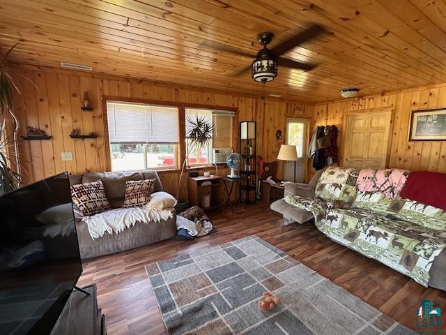 1383 Kelly Trail Isabella, MN 55607 - Photo 11 of 40 Living room featuring wood walls, wooden ceiling, a ceiling fan, wood finished floors, and cooling unit