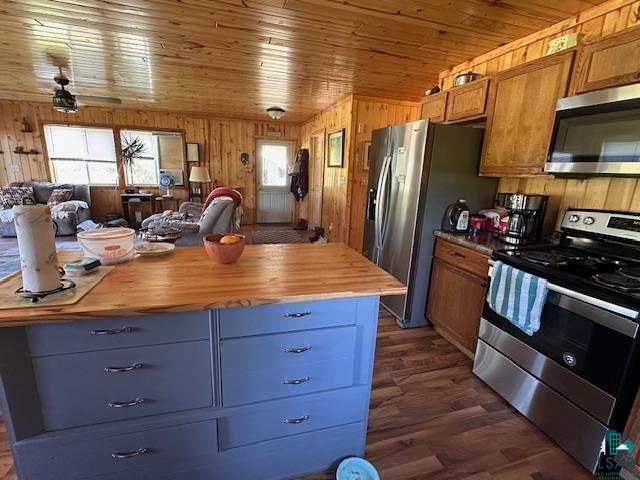 1383 Kelly Trail Isabella, MN 55607 - Photo 40 of 40 Kitchen featuring appliances with stainless steel finishes, butcher block countertops, open floor plan, wood walls, and dark wood finished floors