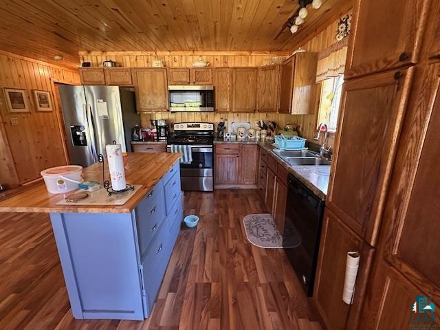 1383 Kelly Trail Isabella, MN 55607 - Photo 4 of 40 Kitchen with appliances with stainless steel finishes, wooden ceiling, dark wood-style floors, wooden walls, and brown cabinetry