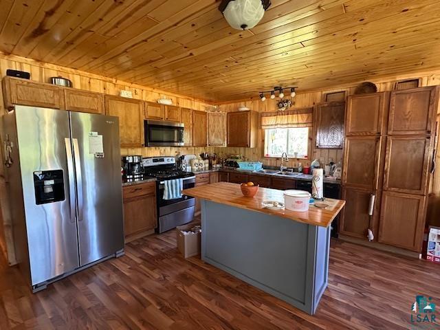 1383 Kelly Trail Isabella, MN 55607 - Photo 5 of 40 Kitchen featuring appliances with stainless steel finishes, wood counters, wood ceiling, dark wood-style flooring, and a center island