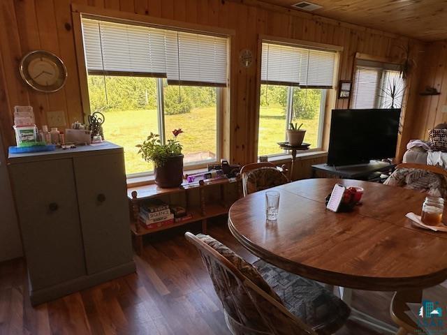 1383 Kelly Trail Isabella, MN 55607 - Photo 8 of 40 Dining room with wooden walls, dark wood-type flooring, and wooden ceiling
