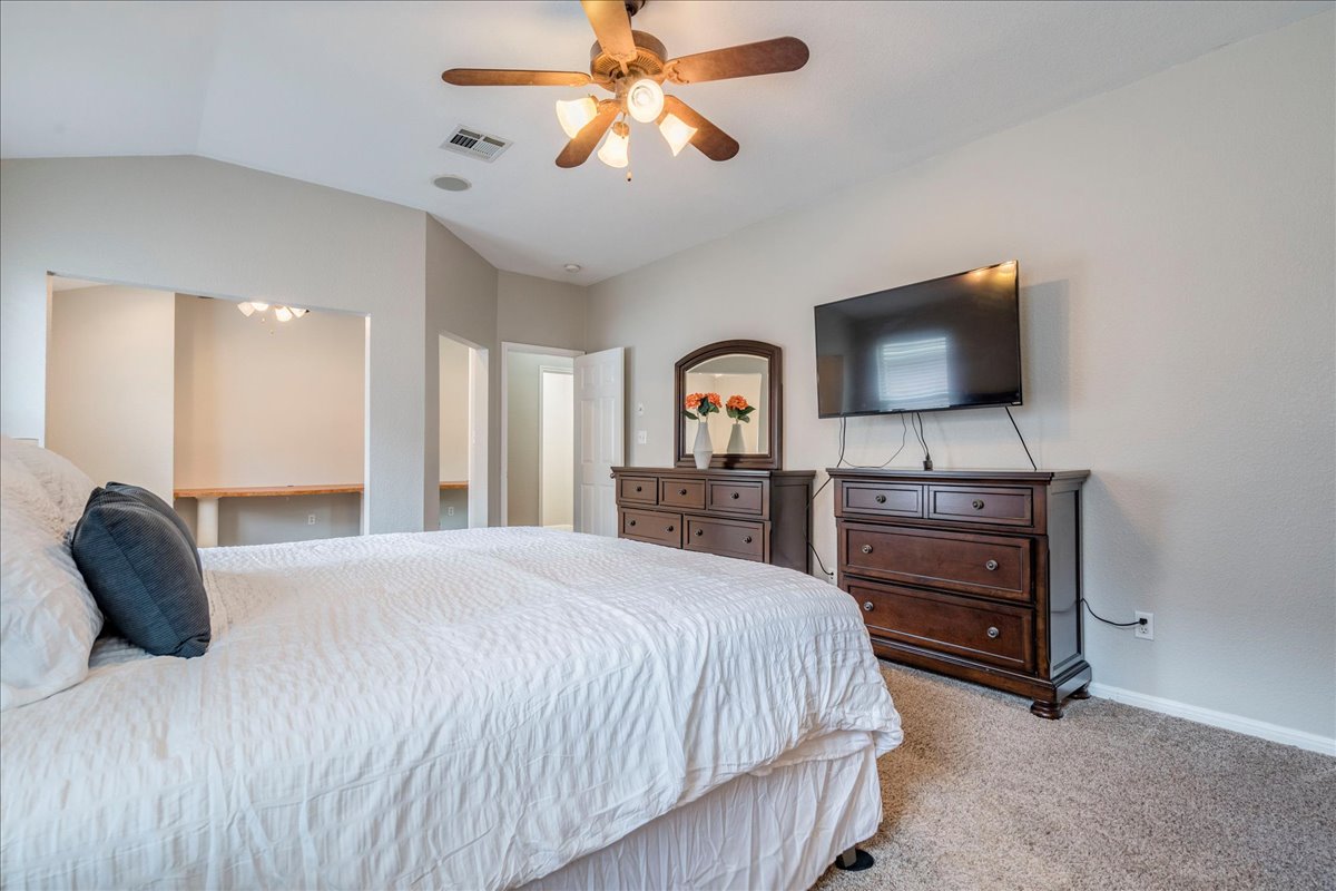 1151 Stone Rim Loop Buda, TX 78610 - Photo 16 of 36 Primary bedroom featuring a high ceiling with a ceiling fan, light-colored walls, and carpeted flooring