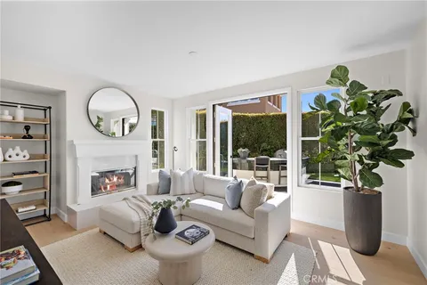 a living room with furniture a potted plant and a fireplace