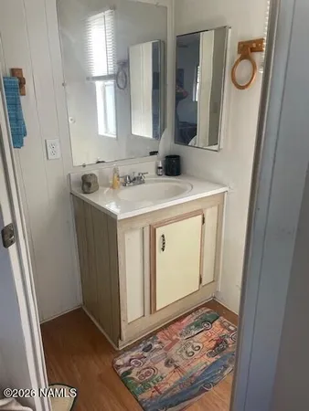 a bathroom with a sink and a mirror