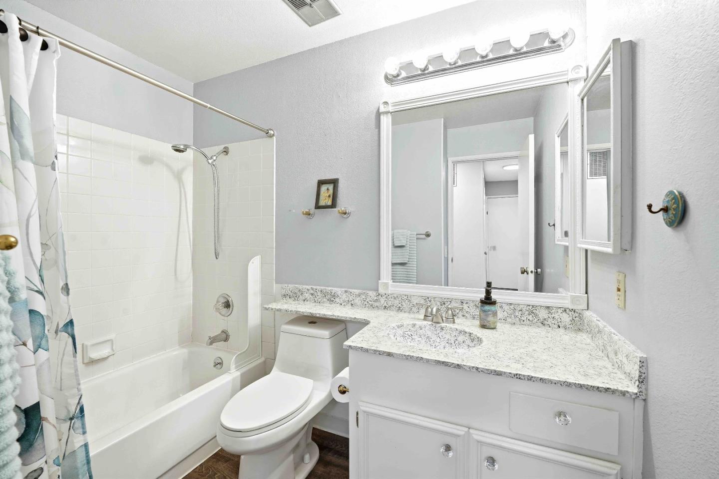 925 Blake Court Gilroy, CA 95020 - Photo 19 of 30 a bathroom with a granite countertop toilet a sink and a bathtub