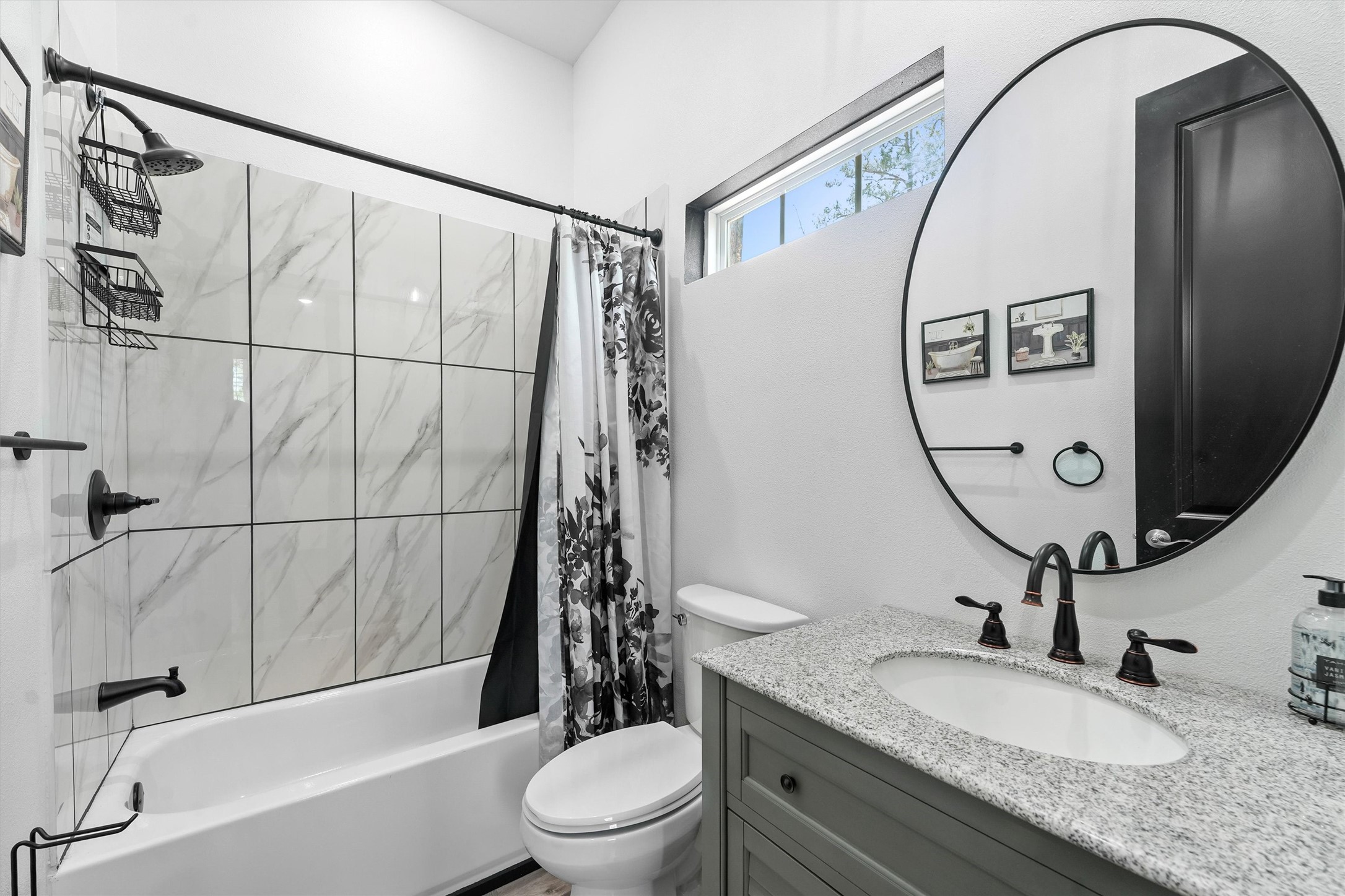 210 Canary Street Point Blank, TX 77364 - Photo 20 of 24 a bathroom with a granite countertop sink a toilet and shower