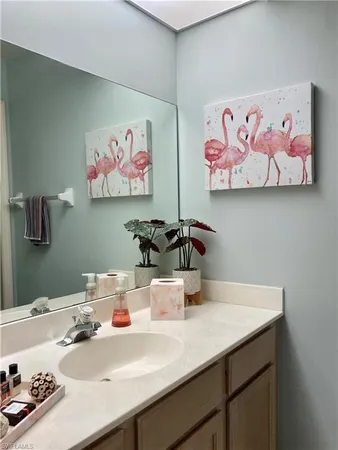 a bathroom with a sink a mirror and vanity