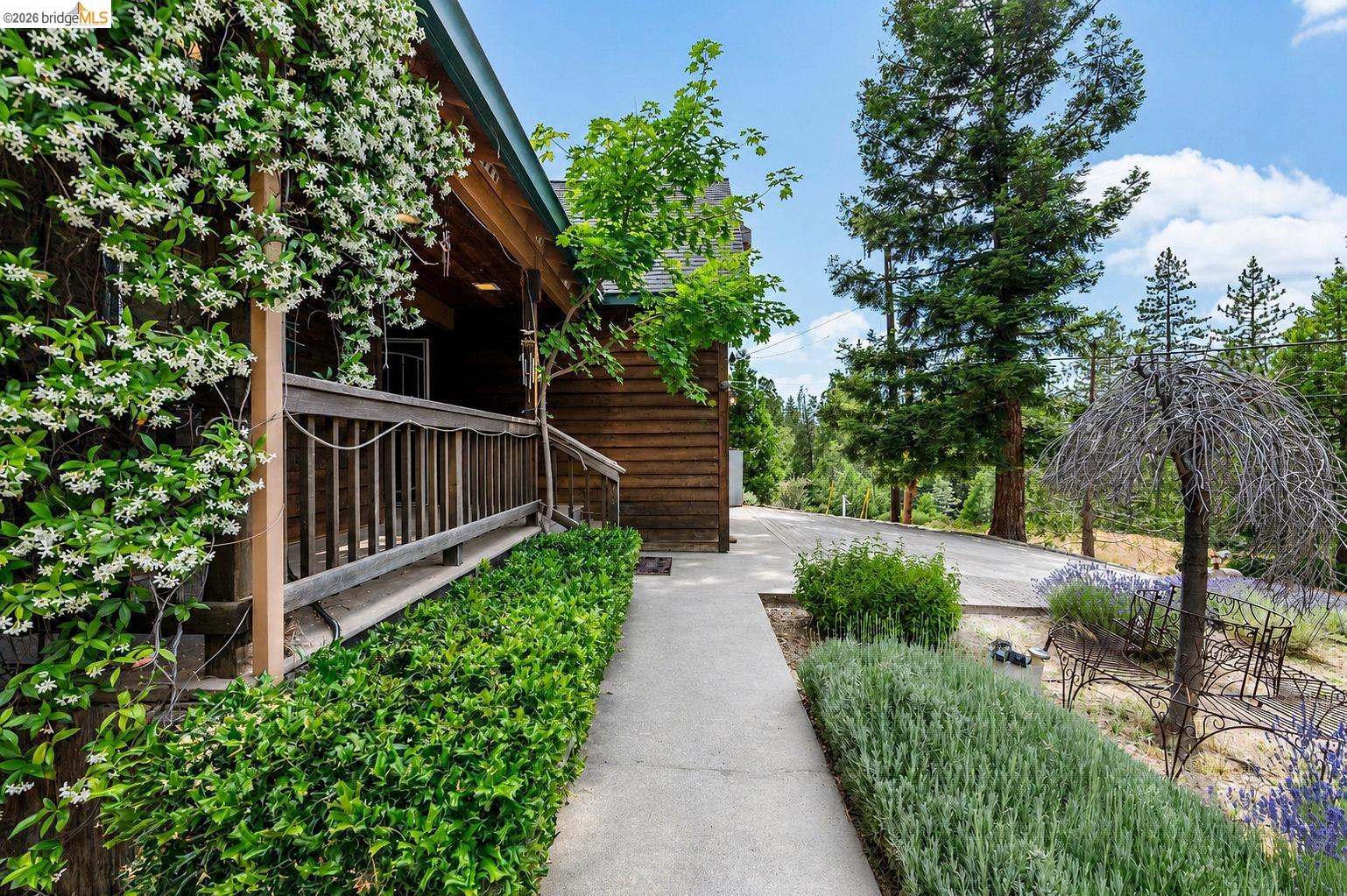 22401 Ridge Road Twain Harte, CA 95383 - Photo 56 of 56 Wood-sided exterior featuring an elevated wooden porch with railing, concrete walkway, and established landscaping with flowering vines and shrubs