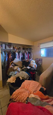 a view of a street with potted plants and large trees