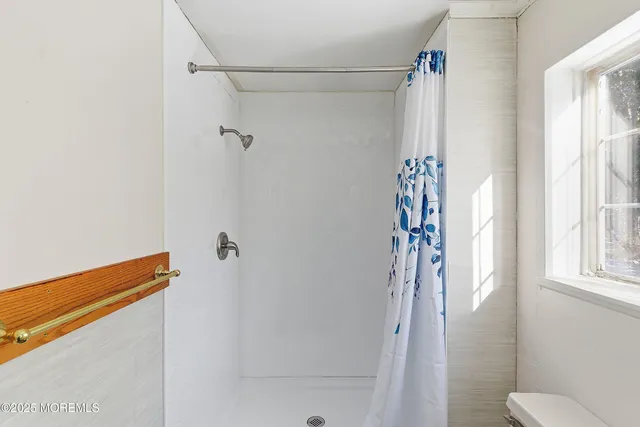 a bathroom with a shower and a toilet