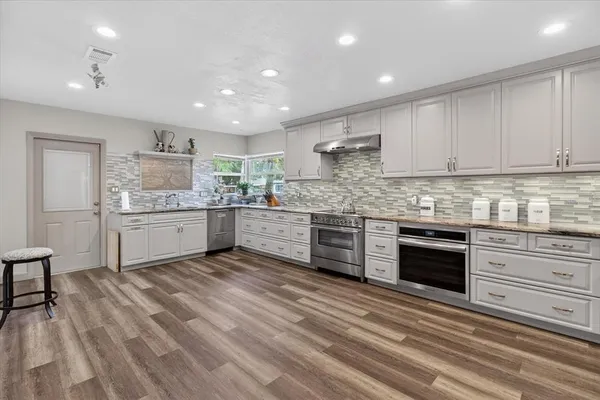 a view of a park with large trees