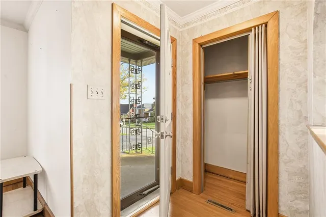 a view of a bathroom from a door