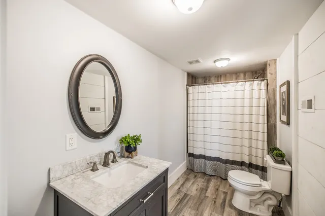 a bathroom with a sink a toilet and shower curtain