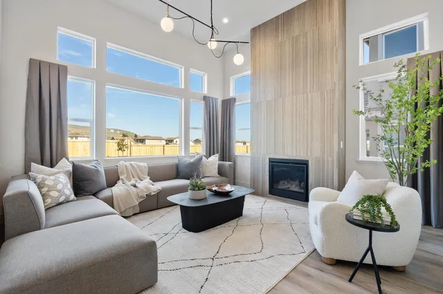 a living room with furniture a potted plant and a fireplace