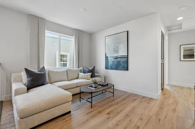 a living room with a couch and potted plant