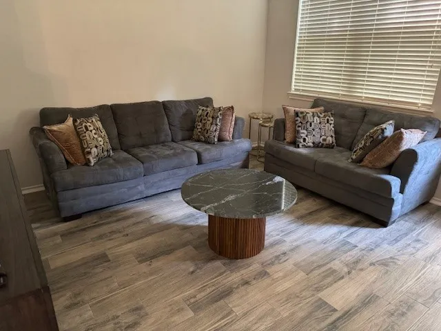 a living room with furniture and a potted plant