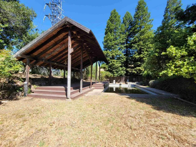 a view of a dry yard with trees