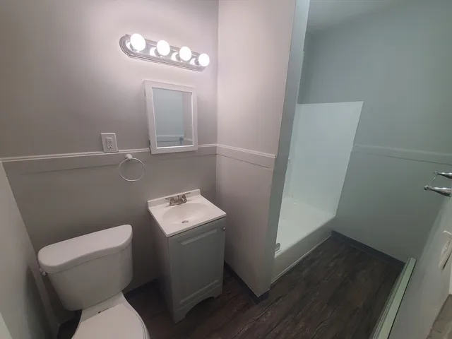 a bathroom with a toilet sink and mirror