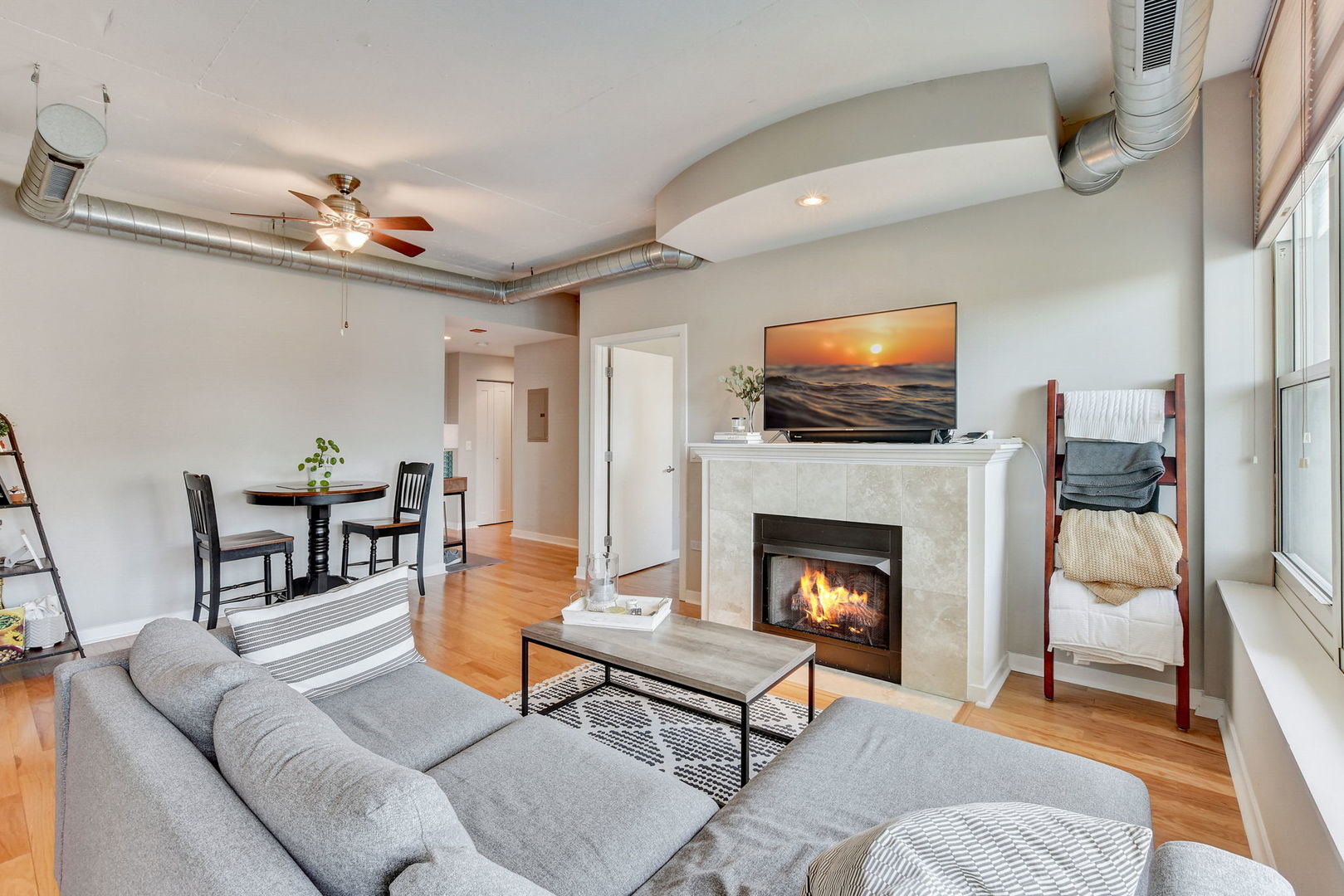 909 West Washington Boulevard, Unit 704 Chicago, IL 60607 - Photo 10 of 36 a living room with furniture a flat screen tv and a fireplace