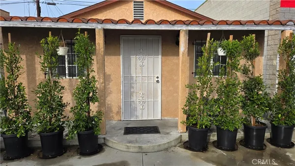 a view of a porch with potted plants