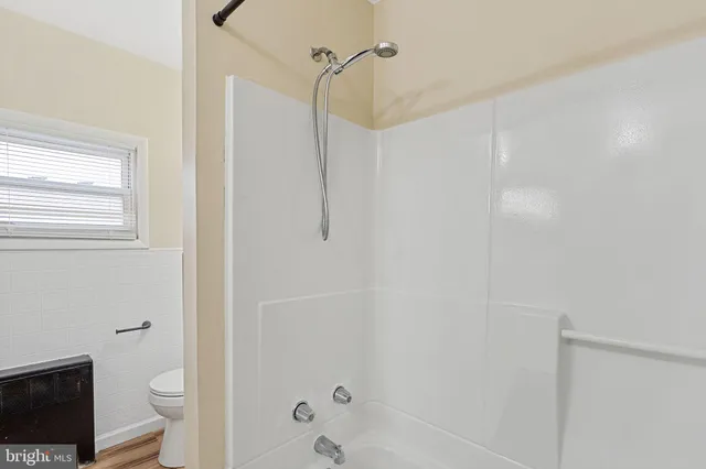 a bathroom with a shower and a toilet