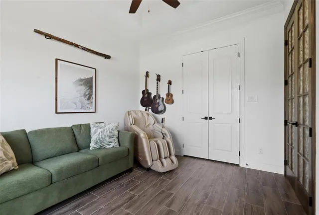 a view of a livingroom with furniture and wooden floor