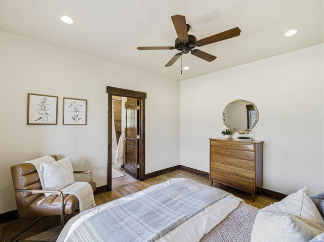 402 Shadow Hill Road Wanship, UT 84017 - Photo 32 of 90 Bedroom with wood finished floors, a ceiling fan, recessed lighting, and ensuite bathroom
