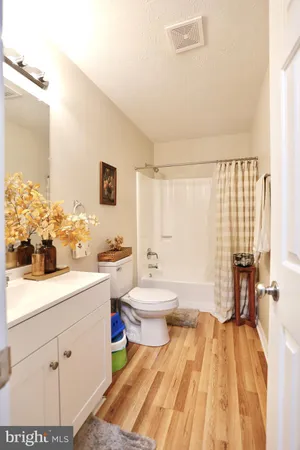 a bathroom with a sink mirror vanity and toilet