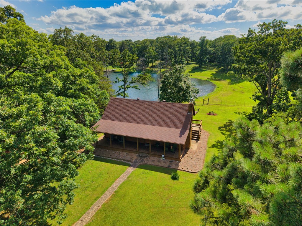 21019 Carter Road West Fork, AR 72774 - Photo 18 of 49 Aerial perspective showcasing a cabin-style residence set amidst lush green landscaping