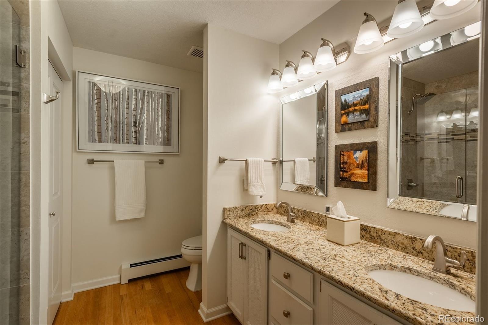 4192 Timbervale Drive Evergreen, CO 80439 - Photo 33 of 50 a bathroom with a granite countertop sink a large mirror and a shower