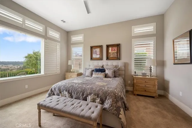 a spacious bedroom with a bed a mirror on dresser and a flat screen tv