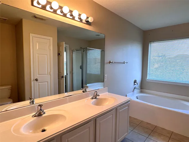 a bathroom with a tub a sink and mirror