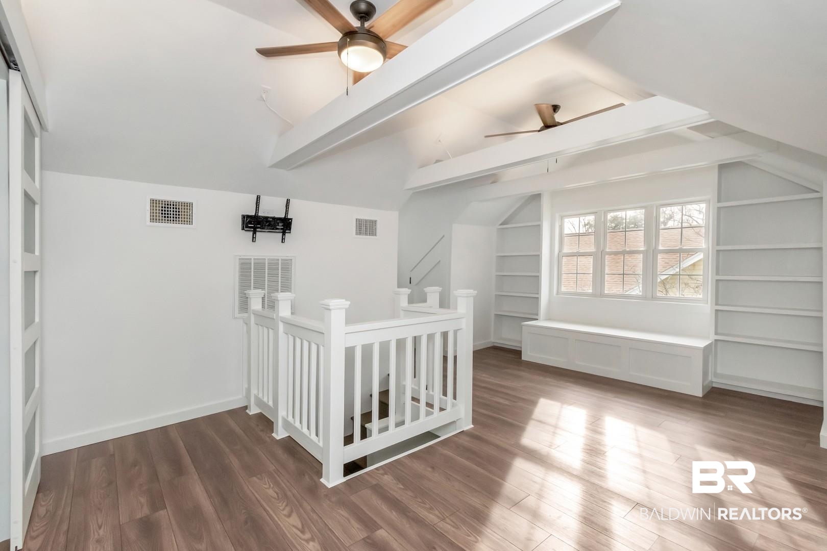 2157 Homewood Street Mobile, AL 36606 - Photo 14 of 36 Bonus room with vaulted ceiling with beams, visible vents, and a ceiling fan