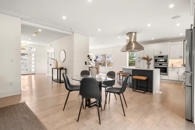 a view of a dining room with furniture