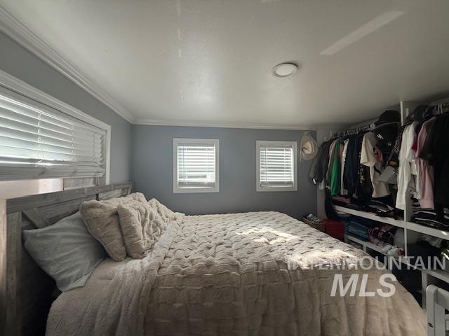 111 East Simplot Boulevard Caldwell, ID 83605 - Photo 15 of 17 Room featuring crown molding, two windows with blinds, a ceiling-mounted light fixture, and an open closet system